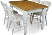 Classic farmhouse dining table and chairs finished in our milkwood finish