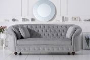 CARA GREY PLUSH CHESTERFIELD FABRIC THREE-SEATER SOFA
